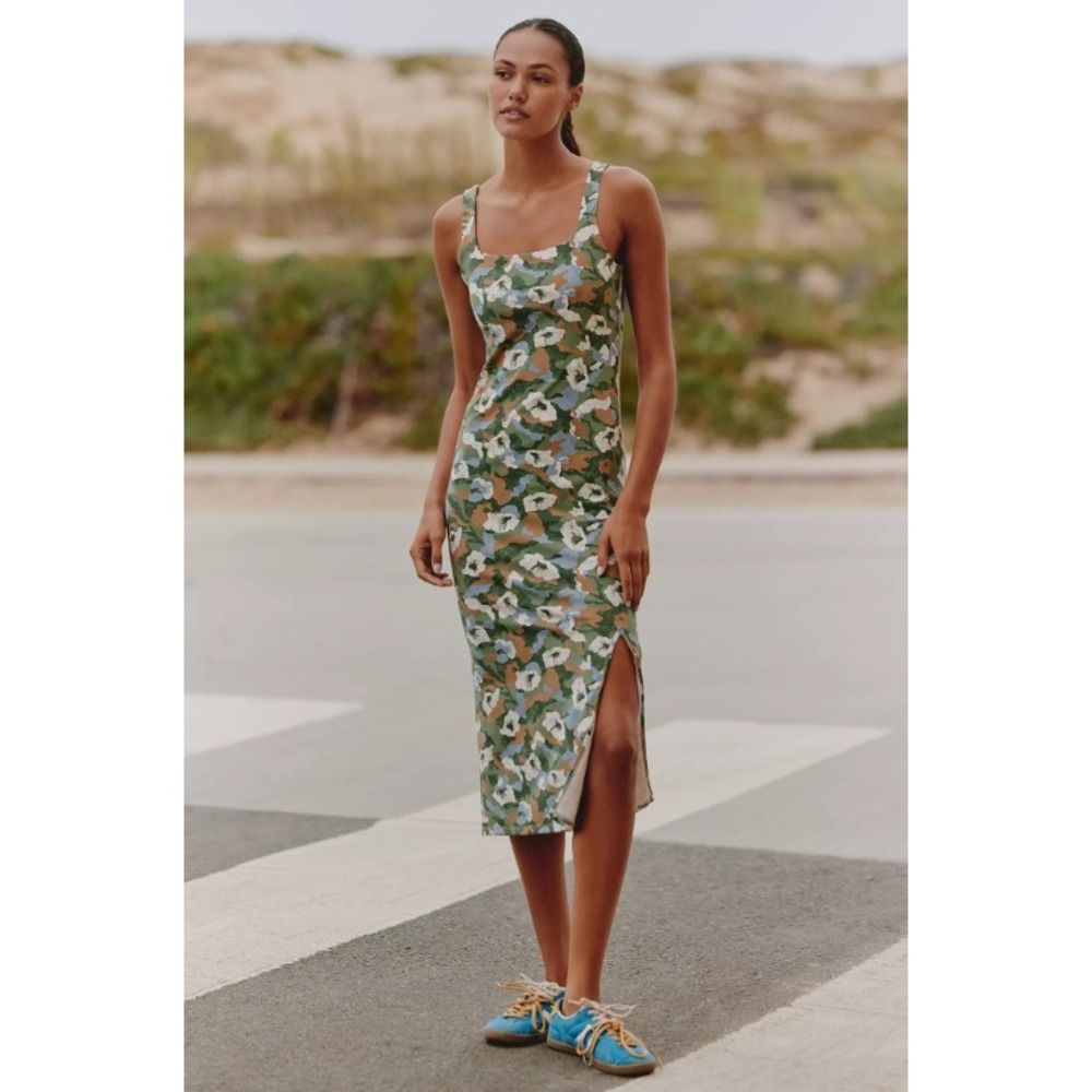 Daily Practice Anthropologie Green Blue Square Neck Floral Camo Midi Dress L - Picture 1 of 11